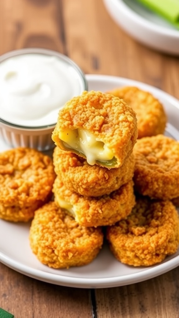 Crispy air fryer three cheese pickle bites served with ranch dressing, on a wooden table.